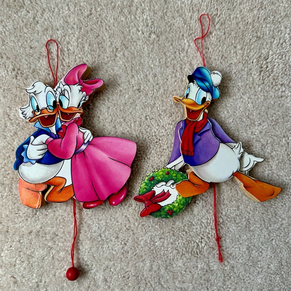 Disney Vintage Wooden Donald Duck & Daisy Duck Christmas Ornament Pull Strings